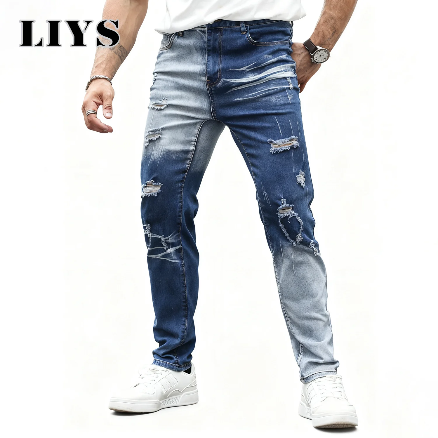 بنطال جينز رجالي مخصص بلون الشارع ومزين بقطع القماش مستقيم ونحيف من قماش الدنيم عالي الجودة بنطال جينز مرن للفصول الأربعة