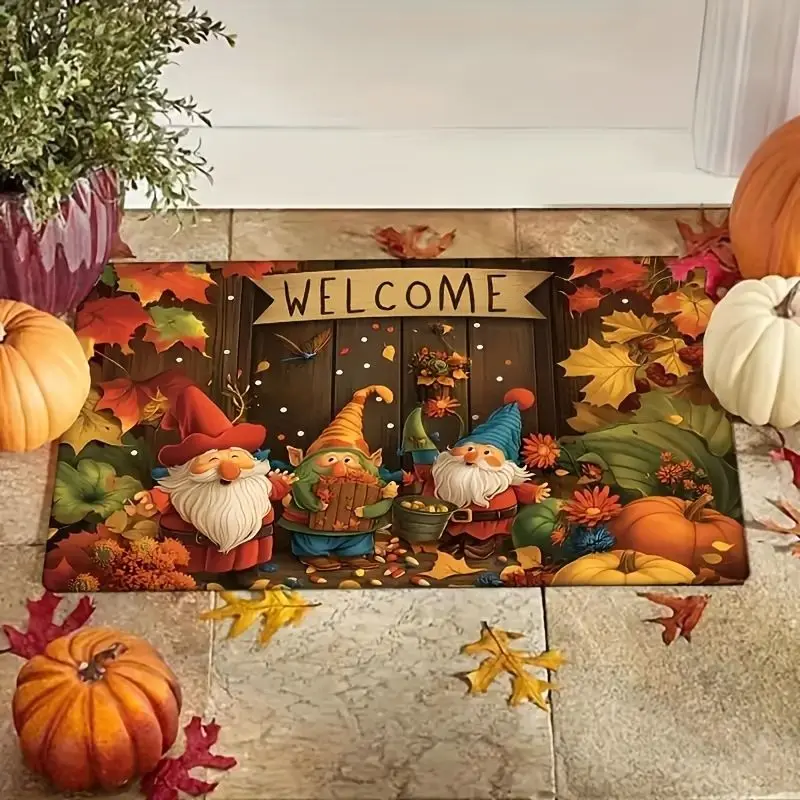 VIKAMA Fall Gnome Welcome Doormat Pumpkin Maple Leaf Harvest Print Non Slip Indoor Outdoor Front Porch Autumn Farmhouse Decor