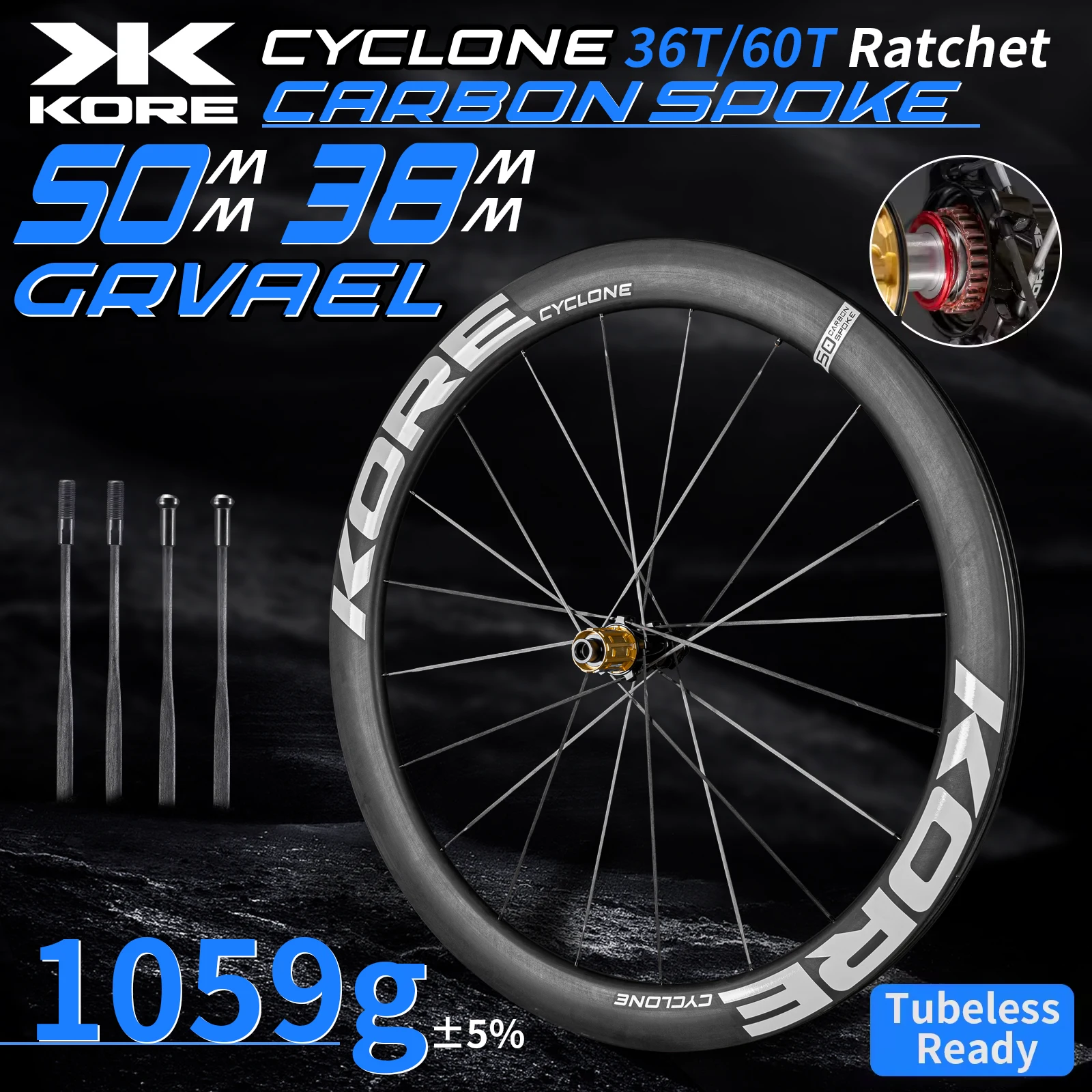KORE Carbon Spoke Wheelset-50mm-T1000 Carbon Rims 36T/60T Ratchet Hub XDR/HG 700C Design for Ultra-Light Road Racing Performance
