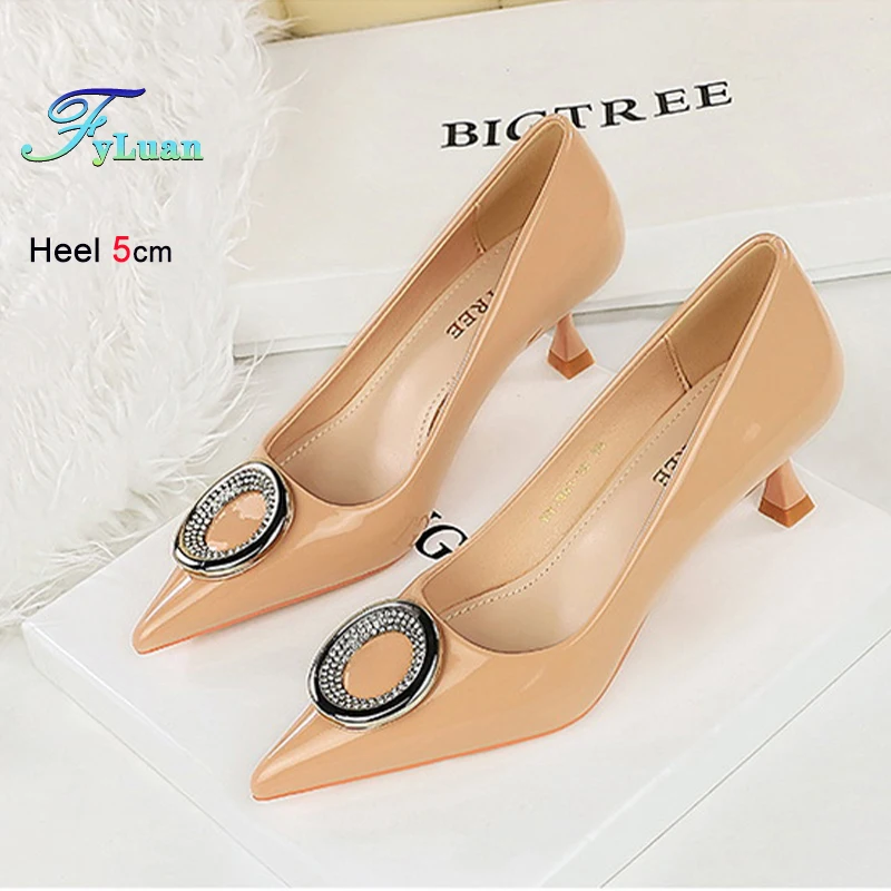 2025 Simple 5cm Women's Pumps Patent Leather Shallow Mouth Pointed Metal Rhinestone Buckle Single Shoe Ladies Medium Heel Shoes