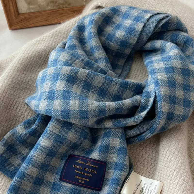 100% Australian Wool Blue Plaid Scarf Thick Warm Winter Couple Neck Wrap Soft Thermal Check Shawl Men Women Outdoor Cold Weather