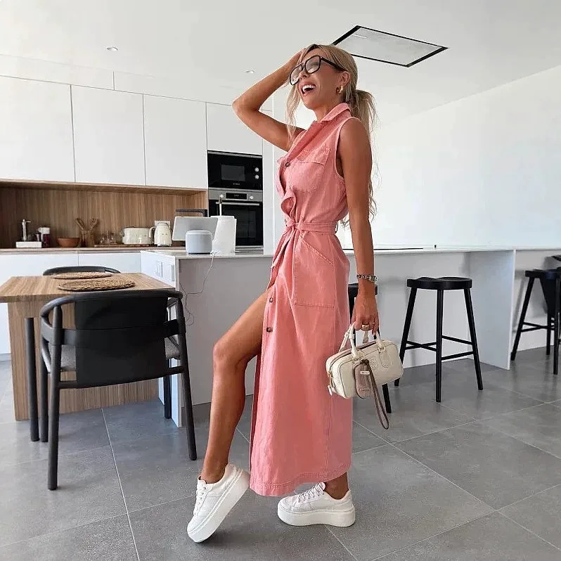 Women's Sleeveless Denim Dress Long Tie Waist Single Breasted Button Down Jumpsuit Dresses