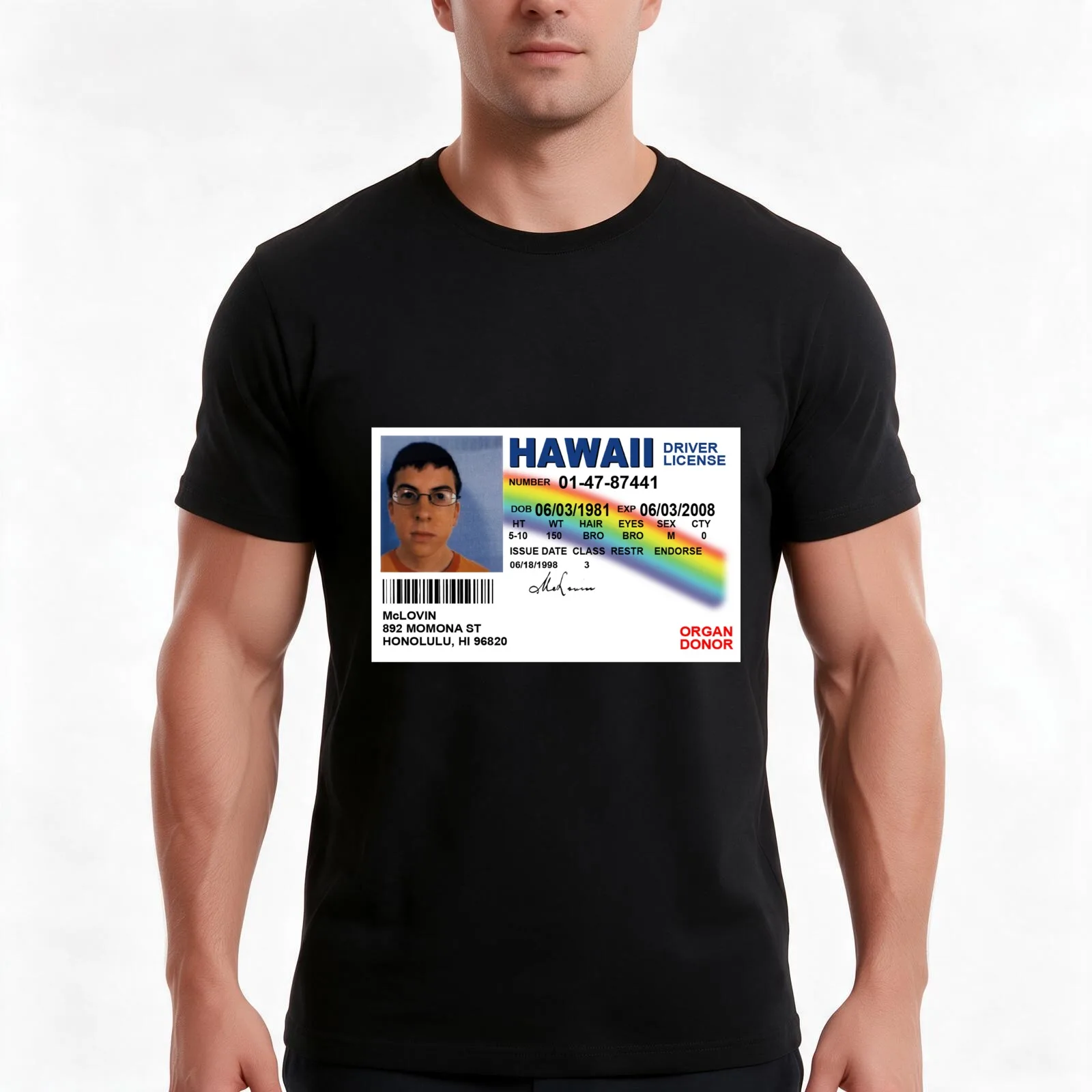 McLovin fake id Superbad T-Shirt, Summer Casual Cotton Tee, Oversized Streetwear Tops, Vintage Graphic Print, Unisex Men Women