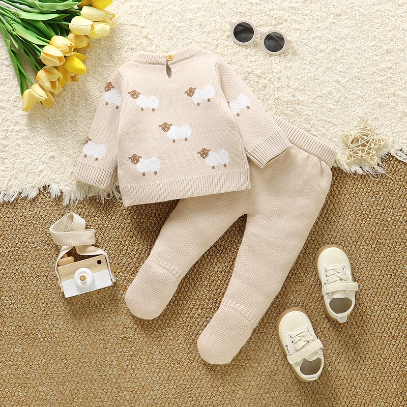 Newborn Baby Clothes Sets Knit Infant Girls Boys Sweater Cute Cartoon Sheep Pants Solid Toddle Pullover Trousers Wrap 0-12M 2PCS
