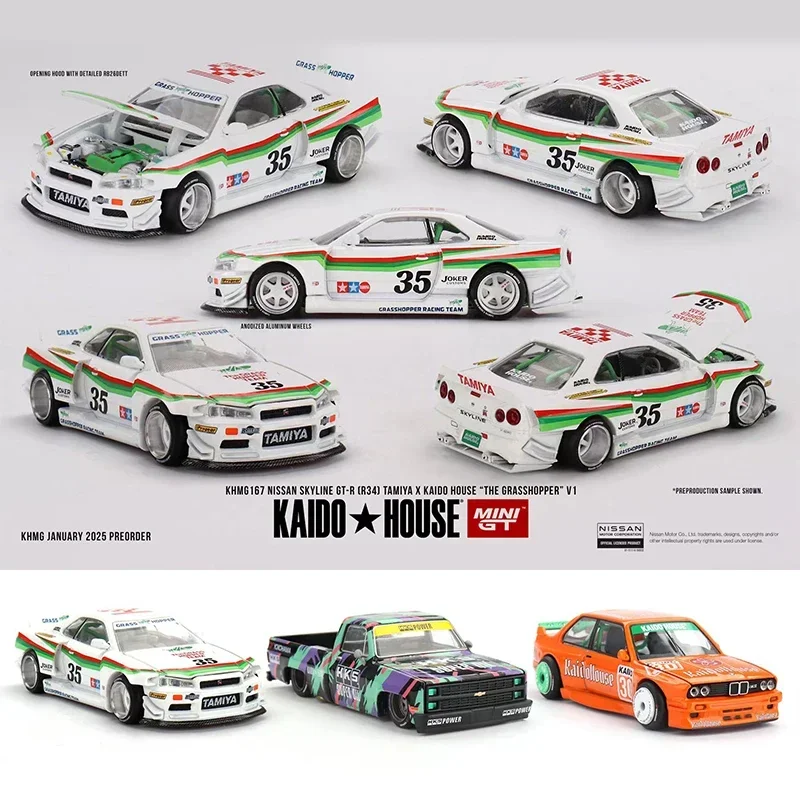 

PreSale MINIGT KHMG 167 1:64 Skyline Nissan GTR R34 The Grasshopper V1 Openable Hood Diecast Car Model Kaido House