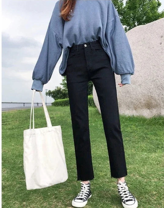 Black Grey Jeans Women's Slimming Cropped Pants Chic Versatile Student Short Trousers Long Pants