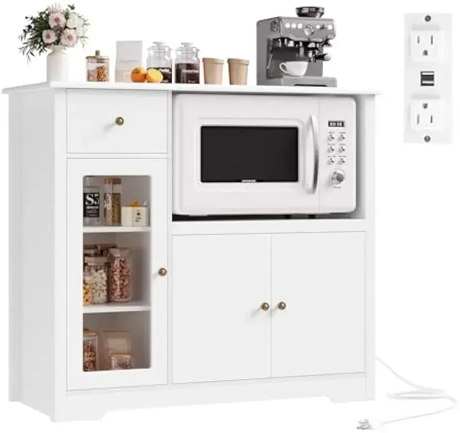 

Microwave Cabinet with Charging Station,Adjustable Shelves,Modern Buffet Sideboard Cabinet,Dining Room,Living Room,White