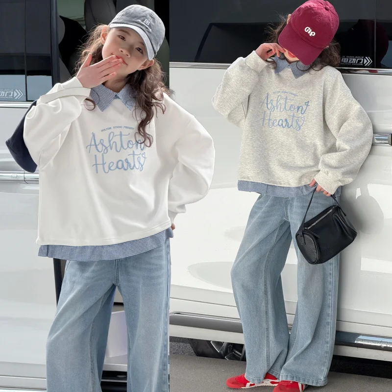 

Girls' Spring Outfit2026New stylish casual embroidered sweatshirt and jeans two-piece set for older children for spring and autu