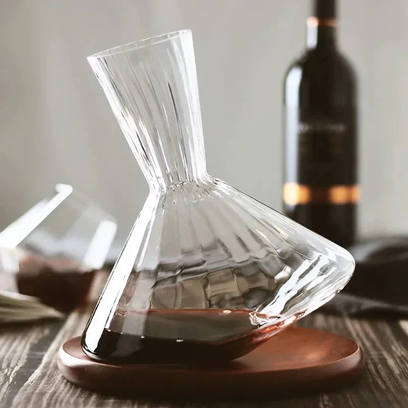 1000Ml Tumbler Wine Decanter with Wood Tray Lead-Free Hand Blown Crystal Wine Carafe Rotating Rapid Sway Whiskey Decanter