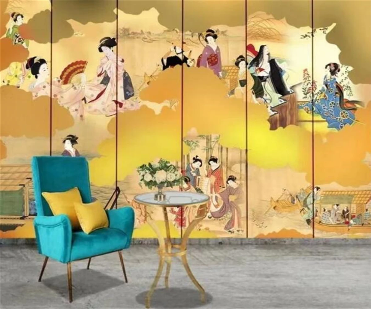 

Japanese style hand-painted meticulous color women's picture beauty background wall murals decorative painting Custom wallpaper