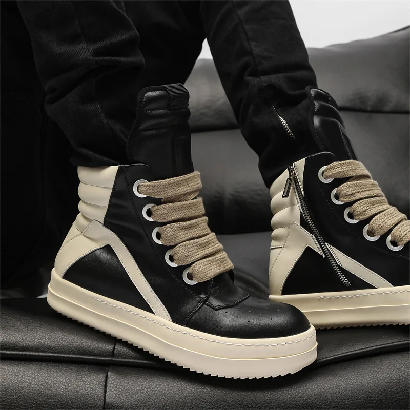 Men High Top Shoes Casual Platform Sneakers Leather Jumbo Lace Up Zip Luxury Trainers Autumn Black Boots