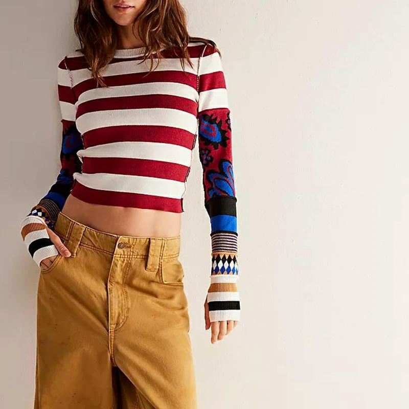 

Combhasaki Women Y2K Vintage Stripe Print Contrast Color Pullover Tops Long Sleeve Crew Neck Slim Shirt Cropped Knitwear Sweater