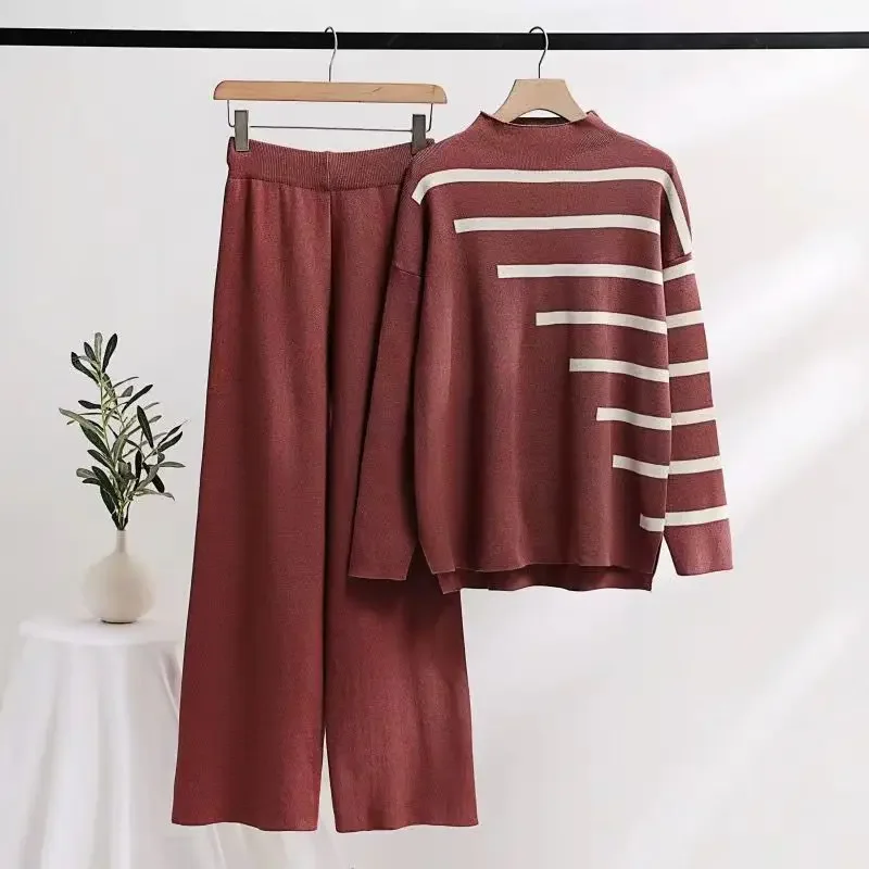 

Elegant O-neck Side Slit Pullover Long Sleeve Sweater+wide Leg Pants 2 Piece Sets Womens Autumn Solid Color Casual Sweatshirts