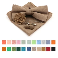 New Classic Adult Kids Bowtie Set Cotton Solid Color handkerchief Cufflink Brooch For Wedding Party Suit Dress Accessories Gifts