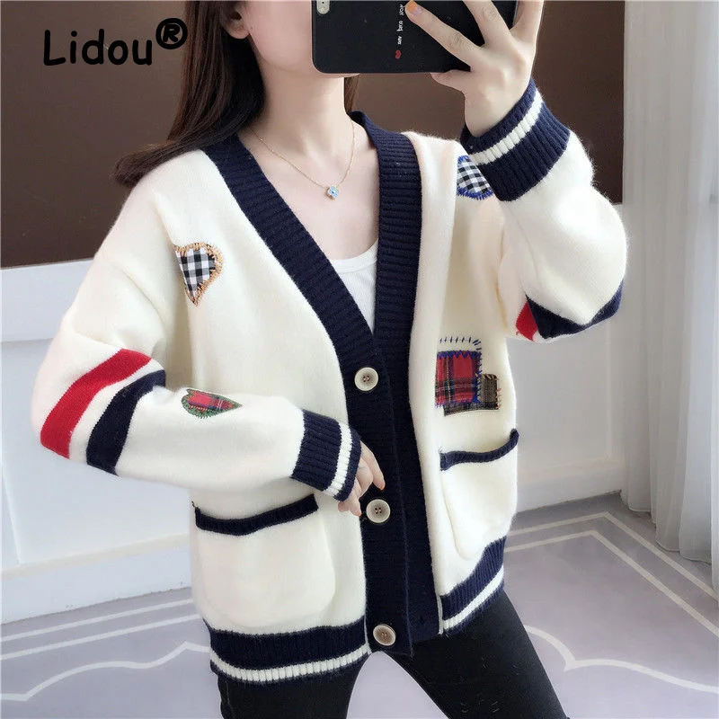 

Kawaii Plaid Patchwork Pockets Single Breasted Knitted Cardigan Coat for Women V Neck Loose Long Sleeve Sweater Outewear Jackets