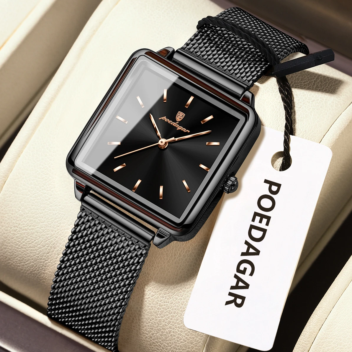 POEDAGAR Fashion Brand Ladies Wristwatch Waterproof Mesh Stainless Steel Woman Watch Elegant Square Quartz Women's Watches Reloj