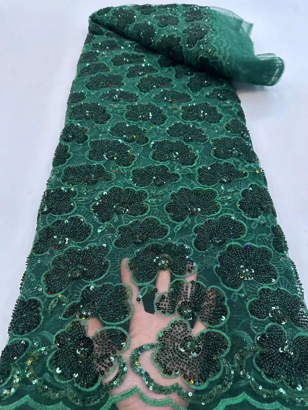 Dark Green Color Heavy French Lace Fabric with Beads Flowers Sequins High Quality African Tulle for Sewing Wedding Party Dresses