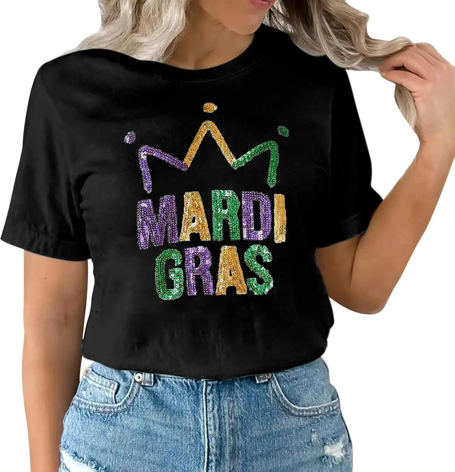 Novelty Mardi Gras T-Shirt for Men Glitter Sequin Printed Carnival Fat Tuesday Outfit Crazy Parade Street Tee Shirt