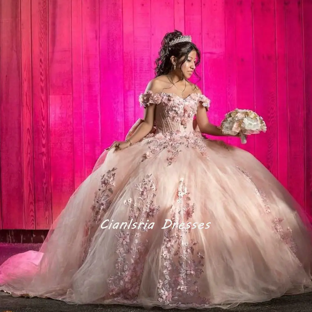 Vestido De princesa lazo De flores 3D rosa con hombros descubiertos, 15 Vestidos De vestido para quinceañeras