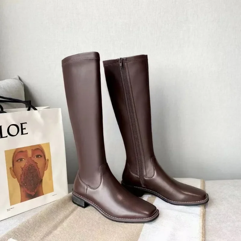 Winter Women's Long Leather Boots Fashion Solid Color Simple Autumn New Woman Brown Knee High Boots Fashion Leisure Gothic Botas