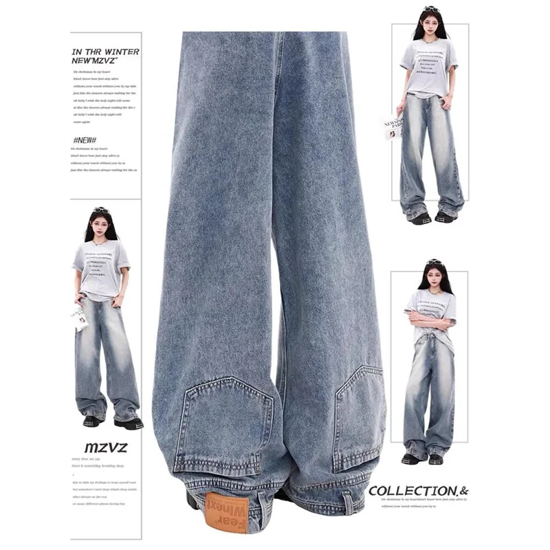 Blue Women's Jeans Streetwear Retro Fashion High Waist Jeans Loose Wide Leg Straight Baggy Chic Design Y2K Summer Denim Trousers