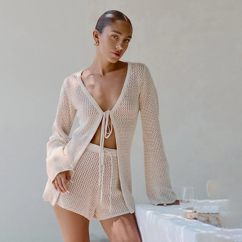 2026 Women Beach 2 Piece Sets Bikini Cover-Ups Swimsuit Tops And High Waist Shorts Sexy Ladies Swimming Cover Up Bathing Suit