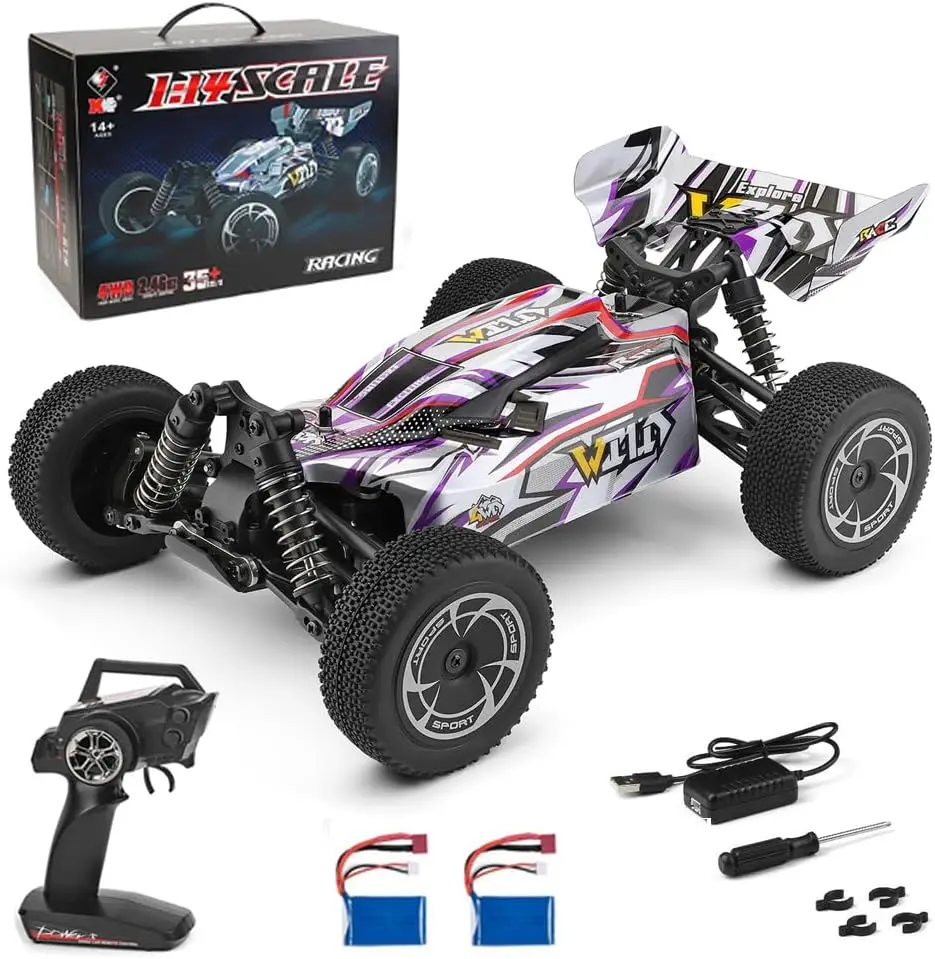 1/14 Scale 4WD RC Car, 35KM/H High Speed Remote Control Racing Buggy, 2.4GHz All Terrain Off-Road Drift Vehicle with 2 Batteries for Adults