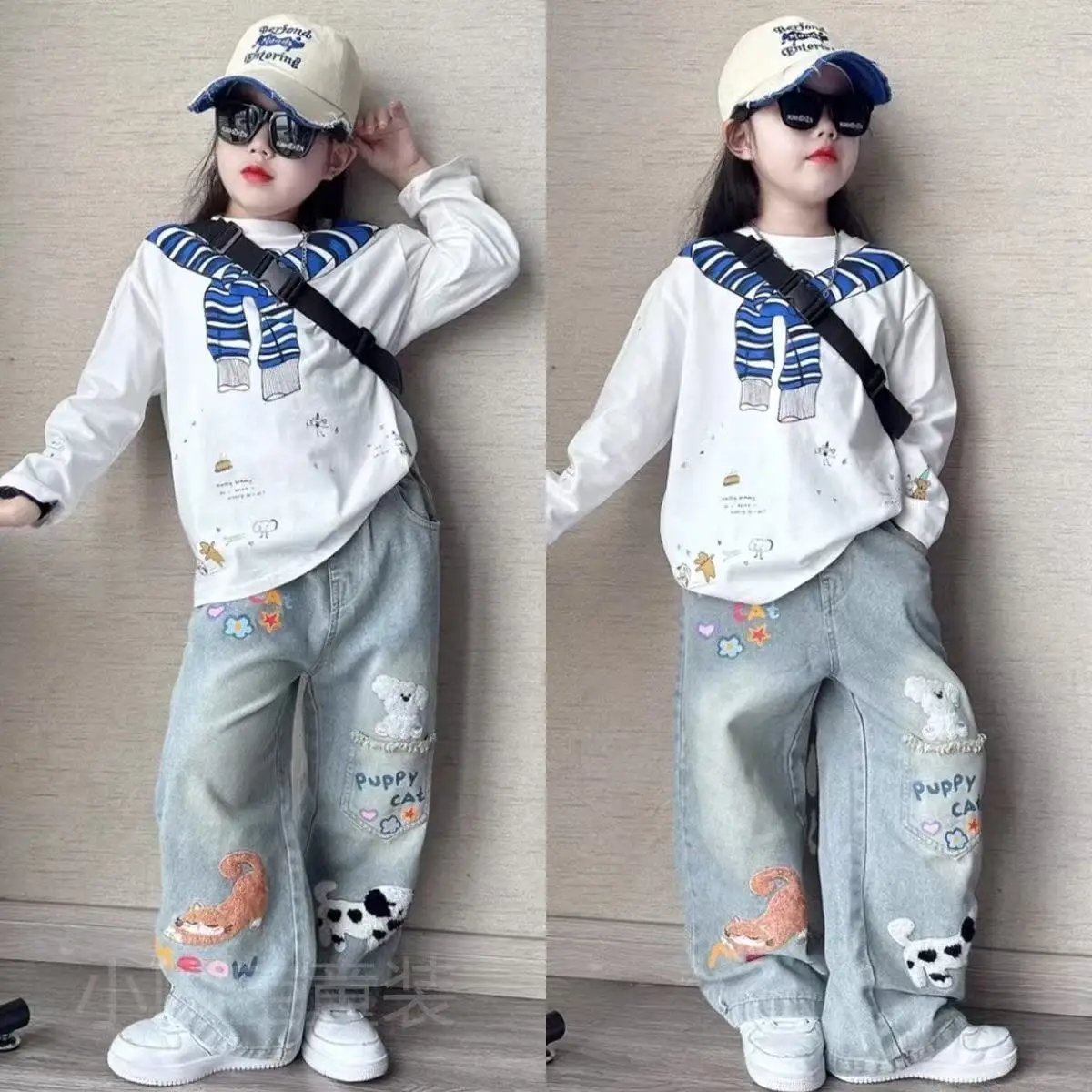 

4-12 Years Girls' Autumn Clothes Set New Children's Printed Long Sleeve Top+Jeans Two-piece Set Kids Outfits 110-160cm
