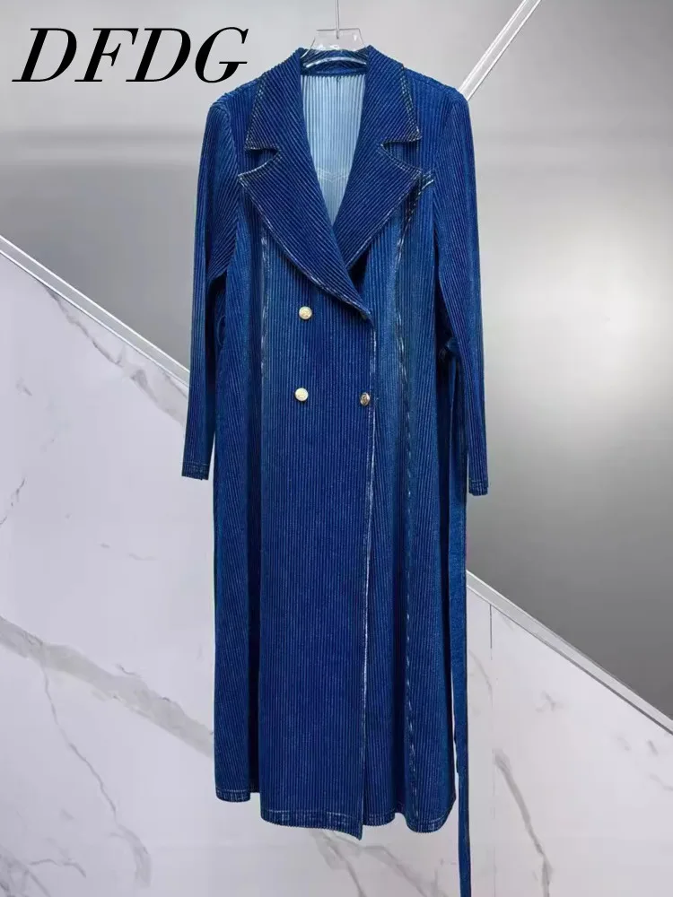 

DFDG Women’s 2025 Minimalist Pleated Denim Duster Coat Slimming Length Open Front Cardigan Casual Versatile Spring Fall Coat