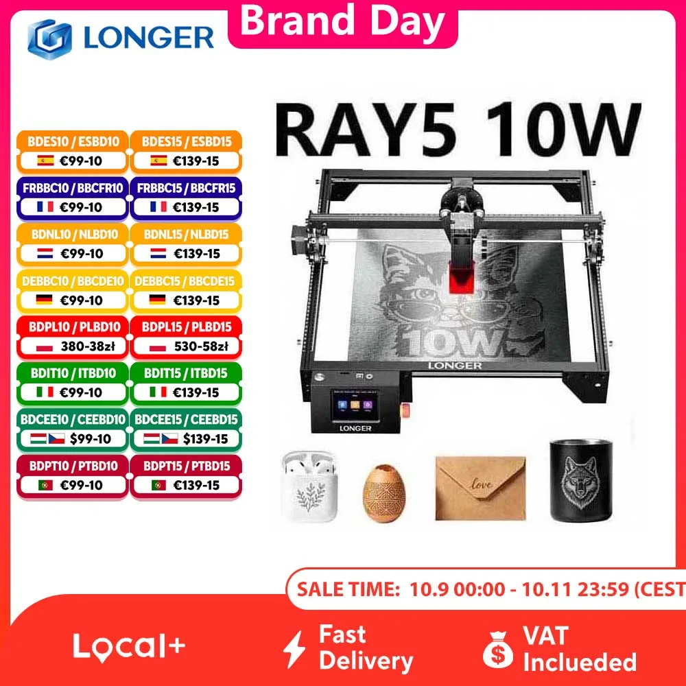LONGER RAY5 10W Lasergraviergerät, 0,06 x 0,06 mm Laserpunkt, 400 x 400 mm Arbeitsbereich, 32-Bit-Chip, Touchscreen, Offline-Gravur, Laserschneider für Holz, Acryl, Leder & Metall