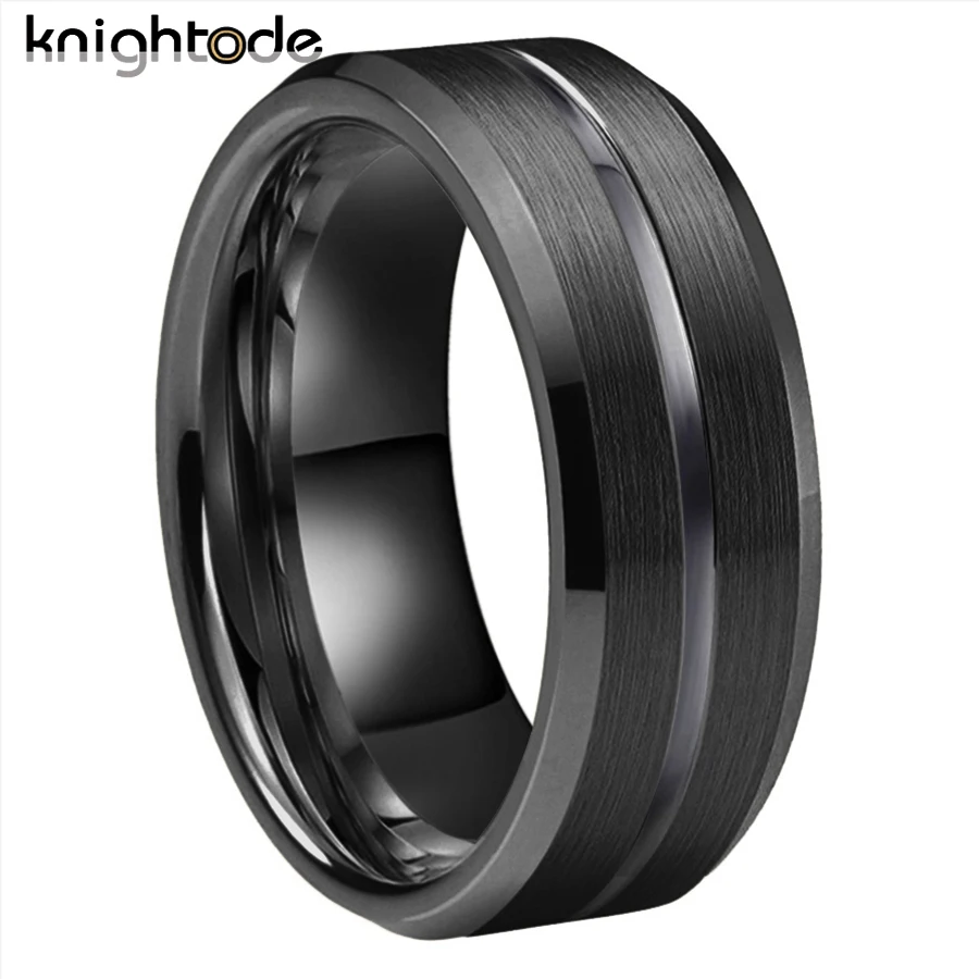 8mm Classic Tungsten Carbide Wedding Band For Men Women Engagement Rings Beveled Edges Center Grooved Brushed Comfort Fit