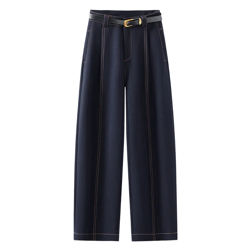 جينز أزرق من قماش الدنيم واسع الساق للنساء، سروال مستقيم جديد عالي الخصر للتخسيس فضفاض ثنيات مقاوم للتجاعيد