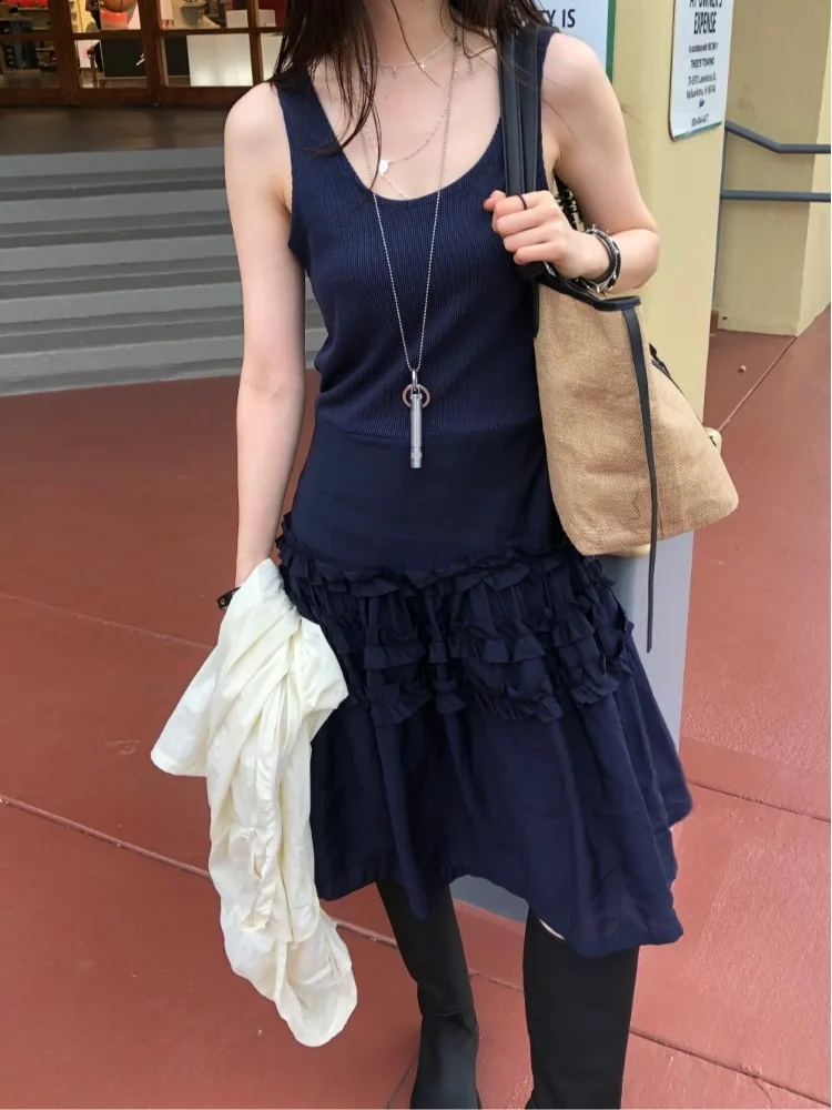 스윗 스타일 레이어드 우드 이어 스플라이스 베스트 드레스 여성 여름 신상 레트로 A라인 미디 스커트 반팔 친환경 섬유