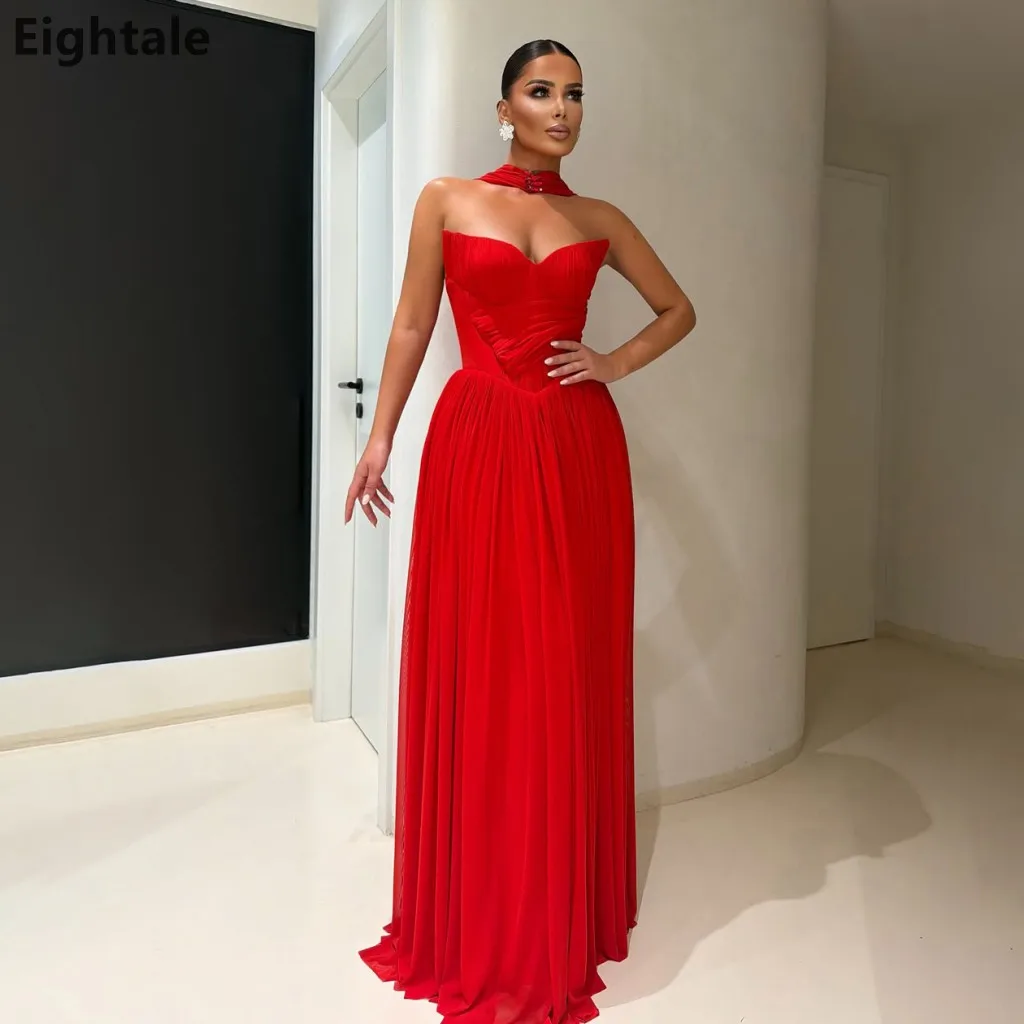 Eightale 2026 Red Ruched Sweetheart Evening Dress Detachable Choker Collar Flowy Chiffon A Line Dubai Formal Prom Gown Customize