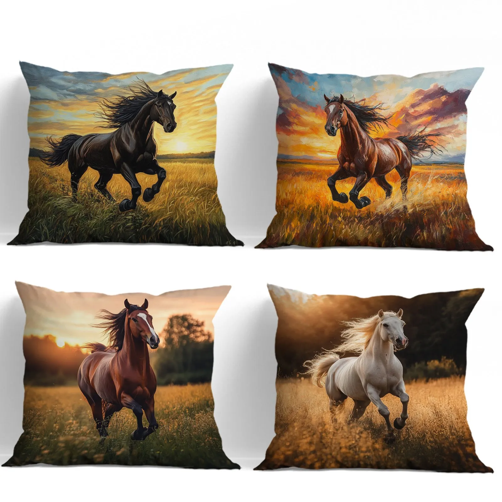 4pcs Running White Horse in the Fields Pillow Covers – Versatile Cushion Covers for Outdoor Indoor Car Bed and Sofa Use