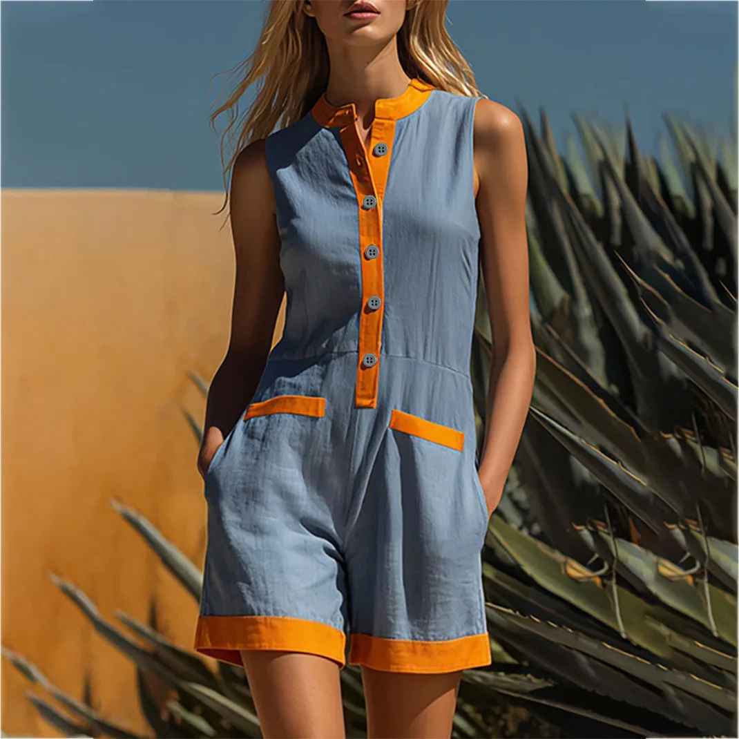 Summer Casual Beach Vacation Short Jumpsuit With Pockets Chic Contrast Trim Romper Women Sleeveless V-Neck Button Short Overalls