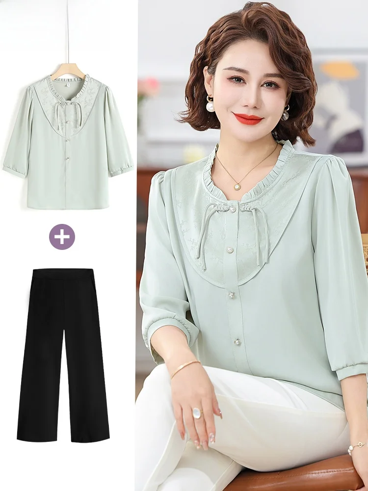 

Весенний модный комплект из шифона для мам 2025: Новинка, топ с рукавом три четверти для женщин среднего и старшего возраста, летний, в китайском стиле.