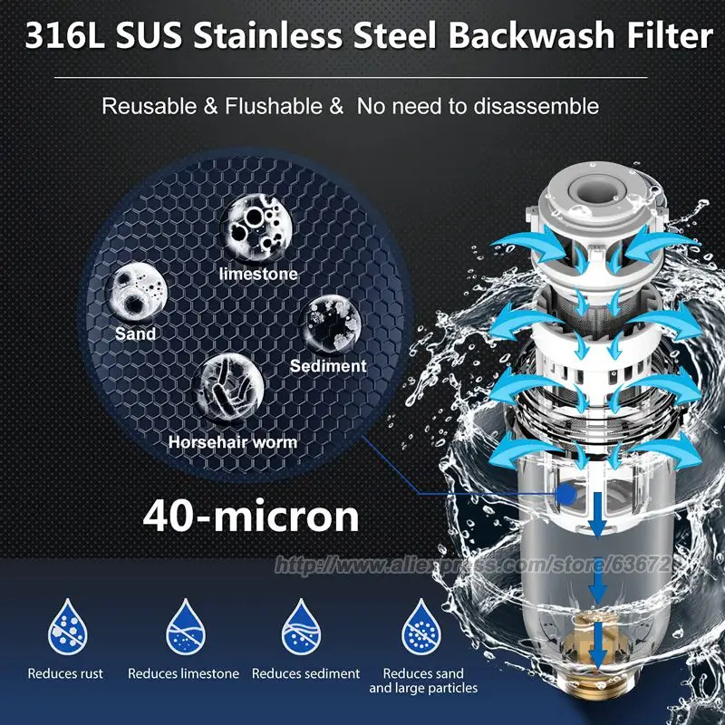 مرشحات الرواسب الدوارة الأوتوماتيكية G350، التنظيف والتصريف التلقائي بشاشة تعمل باللمس، فلتر مياه للمنزل بأكمله قابل لإعادة الاستخدام 40 ميكرونًا