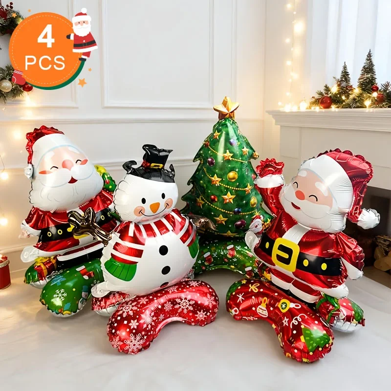 4-teiliges Set Selbststehende Weihnachts-Folienballons, Selbststehender Weihnachtsmann, Baum und Schneemann Ballon für Weihnachtsfeier Tischdekoration