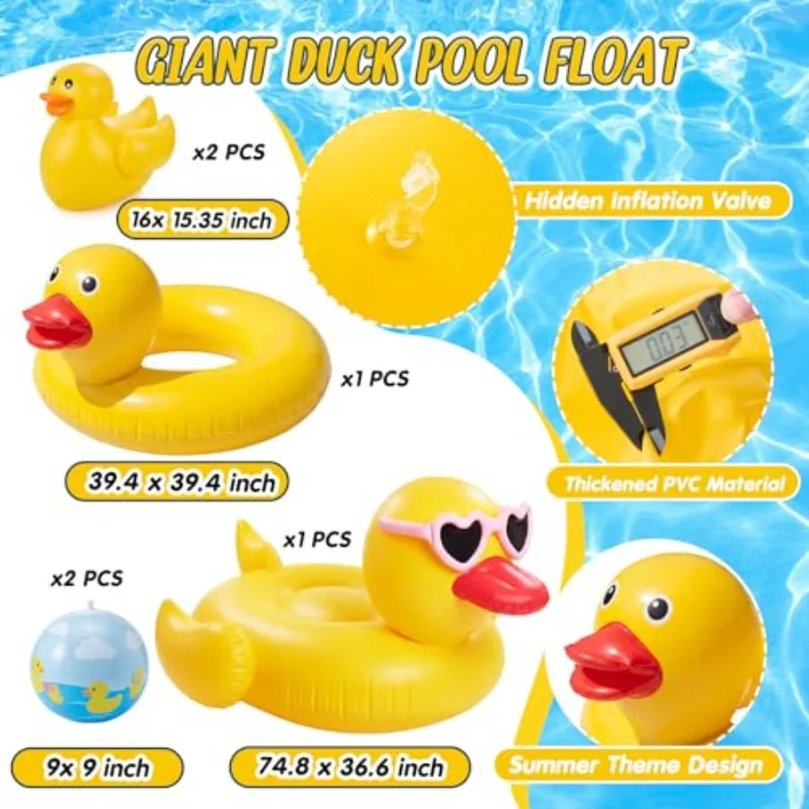 Summer beach pool decor: inflatable rubber duck set in yellow, featuring 6 pcs including 40 large duck rings, 16 small ducks, 6