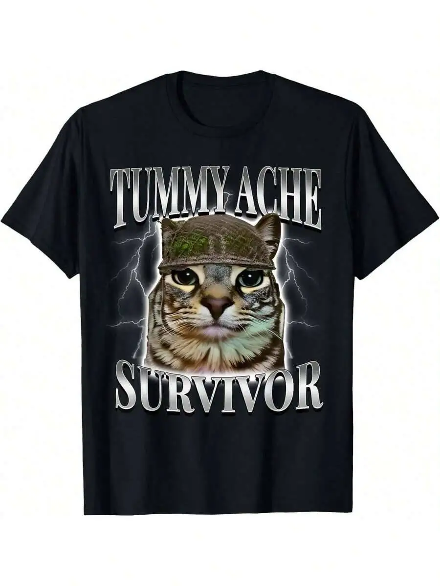 Tummy Ache Survivor Cat Meme Funny Saying Cats Animals T-Shirt Women's and Men's Unique Prints, Comfortable, Soft, Holiday Gift, Personalized