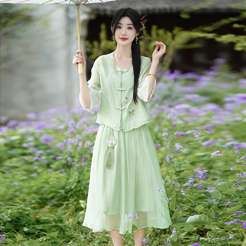 Young Style Improved Hanfu Set Zen Tea Ceremony Clothing New Chinese Thin Top Half Skirt Summer Fashion Ladies' Clothing