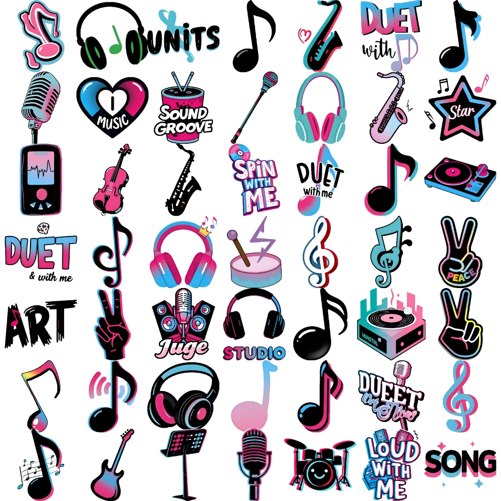 

63pcs Temporary Tattoo Guitar Waterproof Long-lasting Body Stickers Headphones Musical Notes Cartoon Music Vinyl Record For