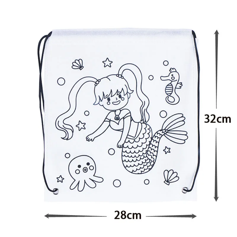 Children\'s Graffiti Backpack Bag DIY Coloring Painting Toys for Kids Cute Animal Mermaid Non-Woven Drawstring Bag Drawing Crafts