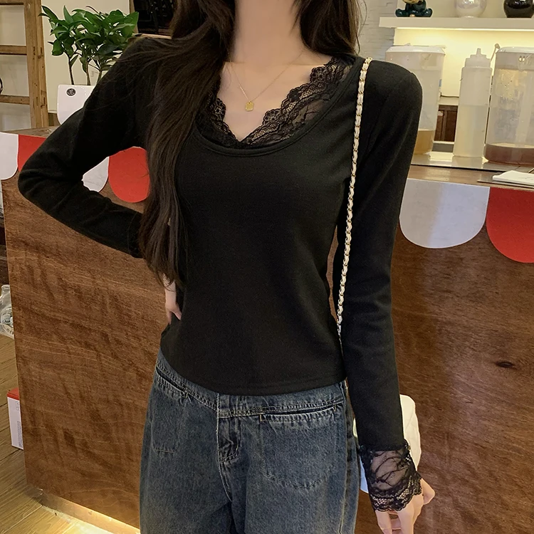 2026 Herbst Winter Damen T-Shirt Spitze Schlankes Basis-T-Shirt Elegantes Vielseitiges Strick-Layering-Oberteil mit Langen Ärmeln für Damen Neu eingetroffenes T-Shirt – Detail 10
