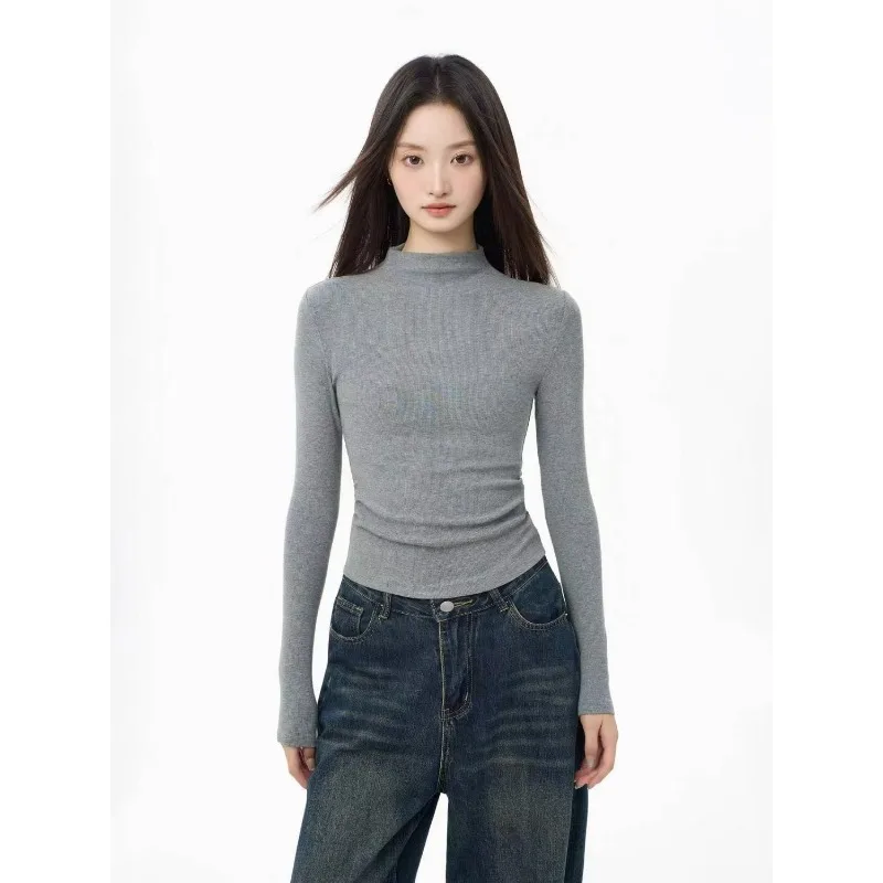 Women Mock Neck Long Sleeve Top Slim Fit Stretchy Ribbed Knit Basic Tee Autumn Winter