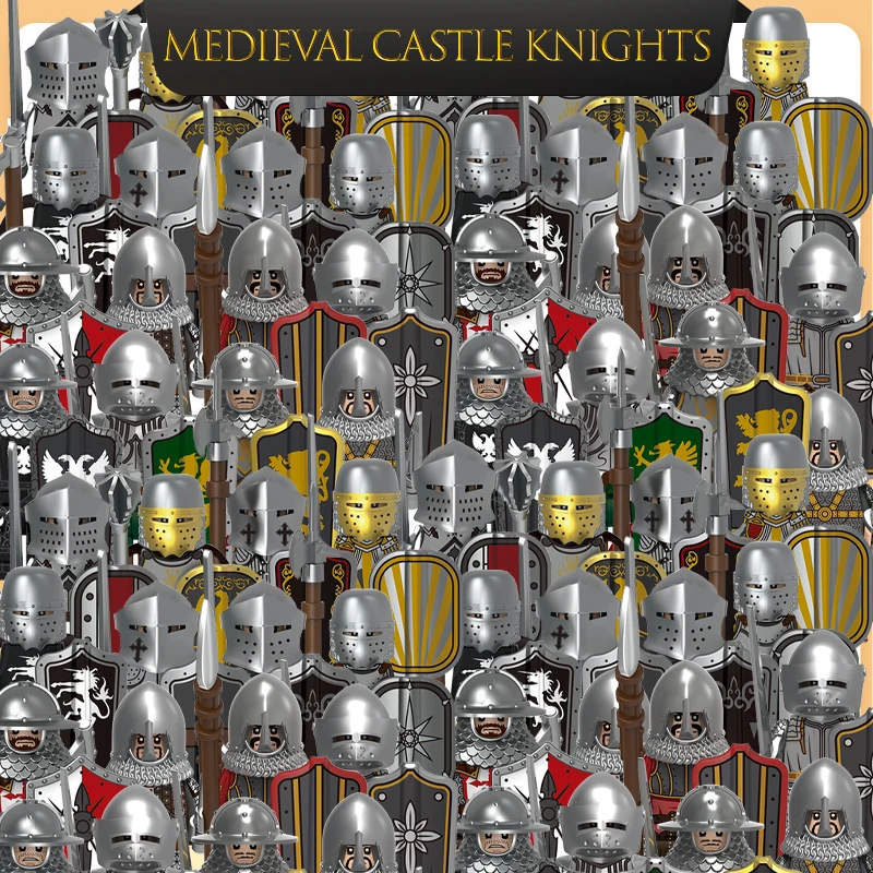MOC Castillo militar Medieval, soldado de caballero, figura de acción, bloque de construcción, Guardia Lancer, armadura de arquero, escudo de guerrero, juguete de ladrillos DIY