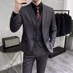 ( Jacket + Vest + Pants ) New High End Brand Solid Color Men's Casual Business Office Formal Suit 3Pcs Set Groom's Wedding Dress