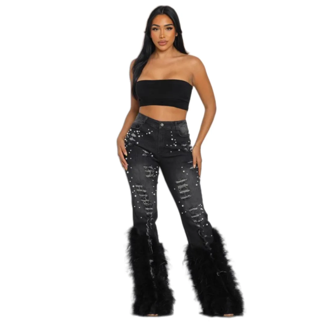 

Versatile Imitation Old Pearl Embellishment Feather High Elastic Jeans Women