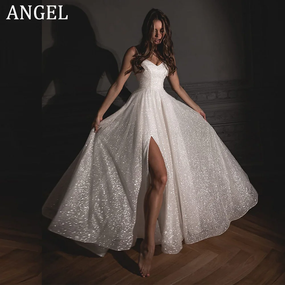 ANGEL Spaghetti pasek dekolt w serek musujące suknie ślubne dla kobiet dostosowane boczne rozcięcie brokat suknie ślubne na przyjęcie Hochzeitskleid